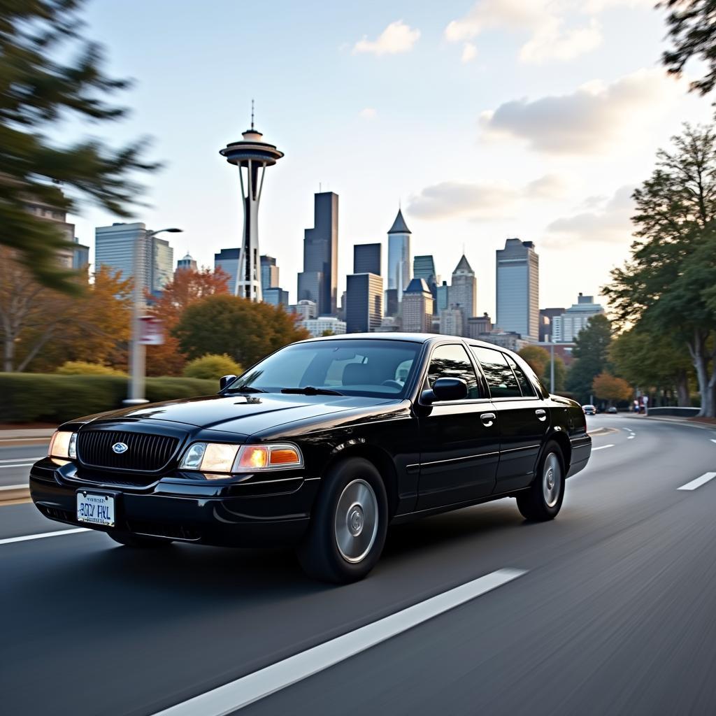 Town Car Passing by Seattle Skyline