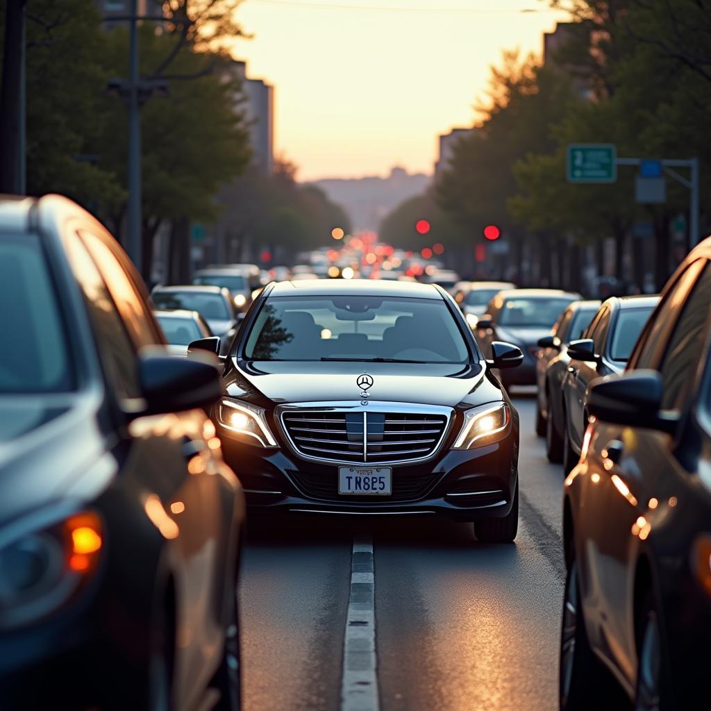 Busy Seattle traffic with an executive car service smoothly navigating the congestion.