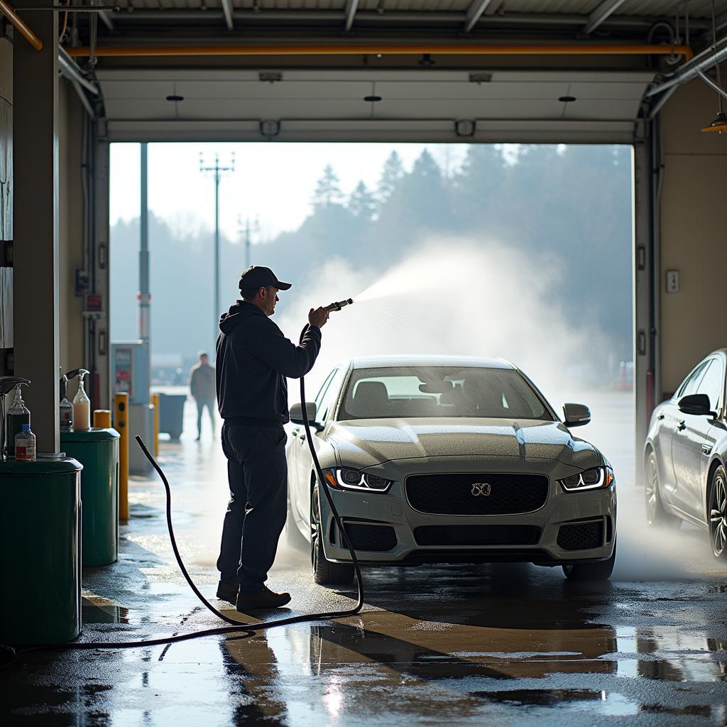 Person washing their car in a self-service car wash bay