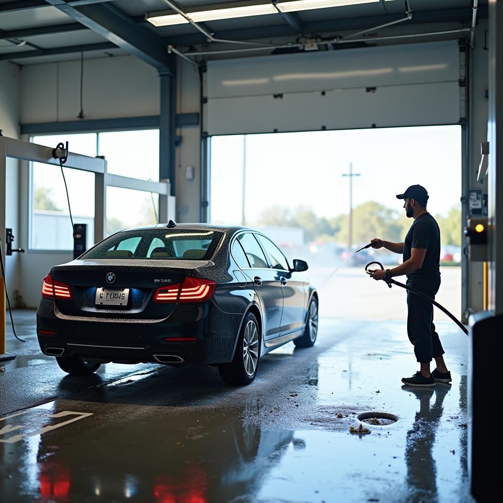 A person washing their car in a well-lit, clean self-service car wash bay