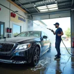 Man washing his car in a self-service car wash bay