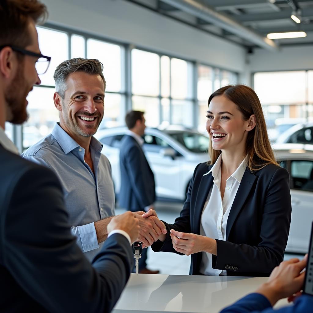 Customer receiving keys to a service loaner car at a car dealership