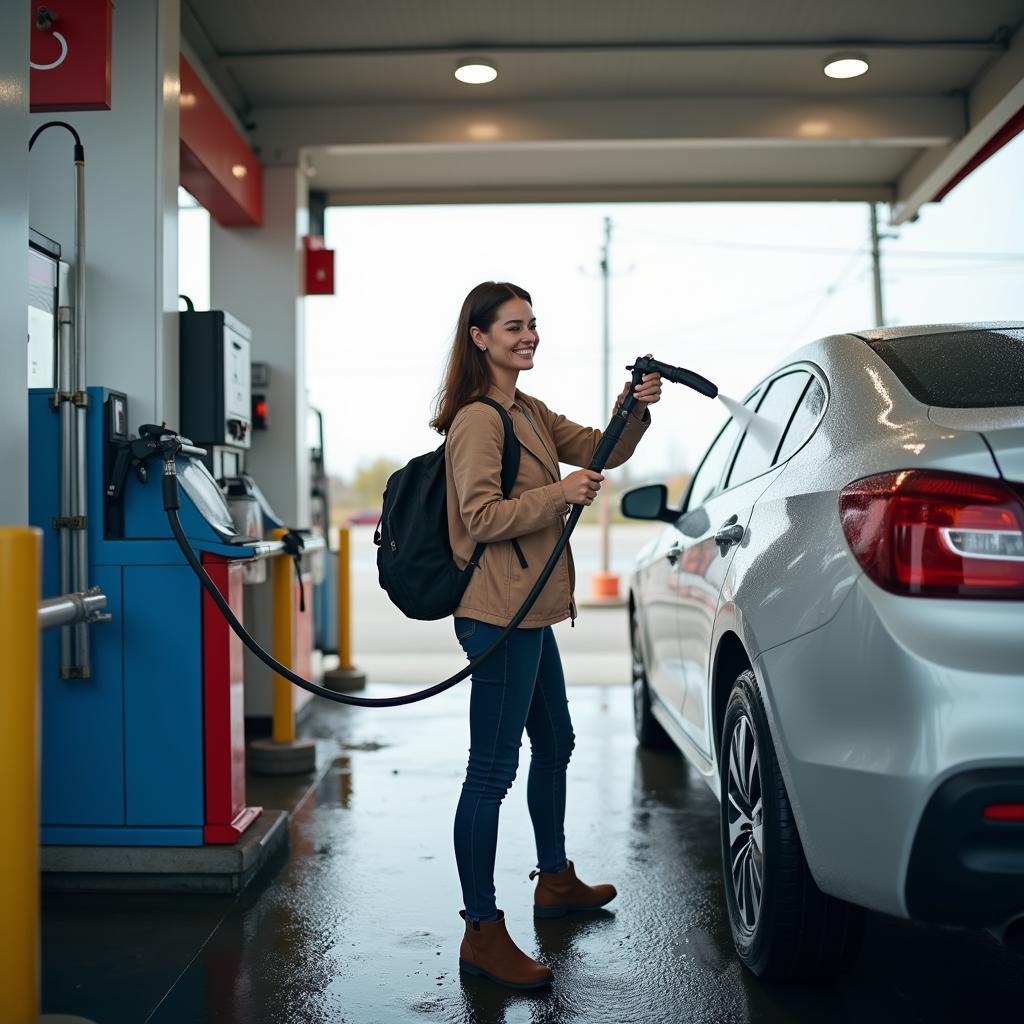 Customer Using Car Wash at Service Station