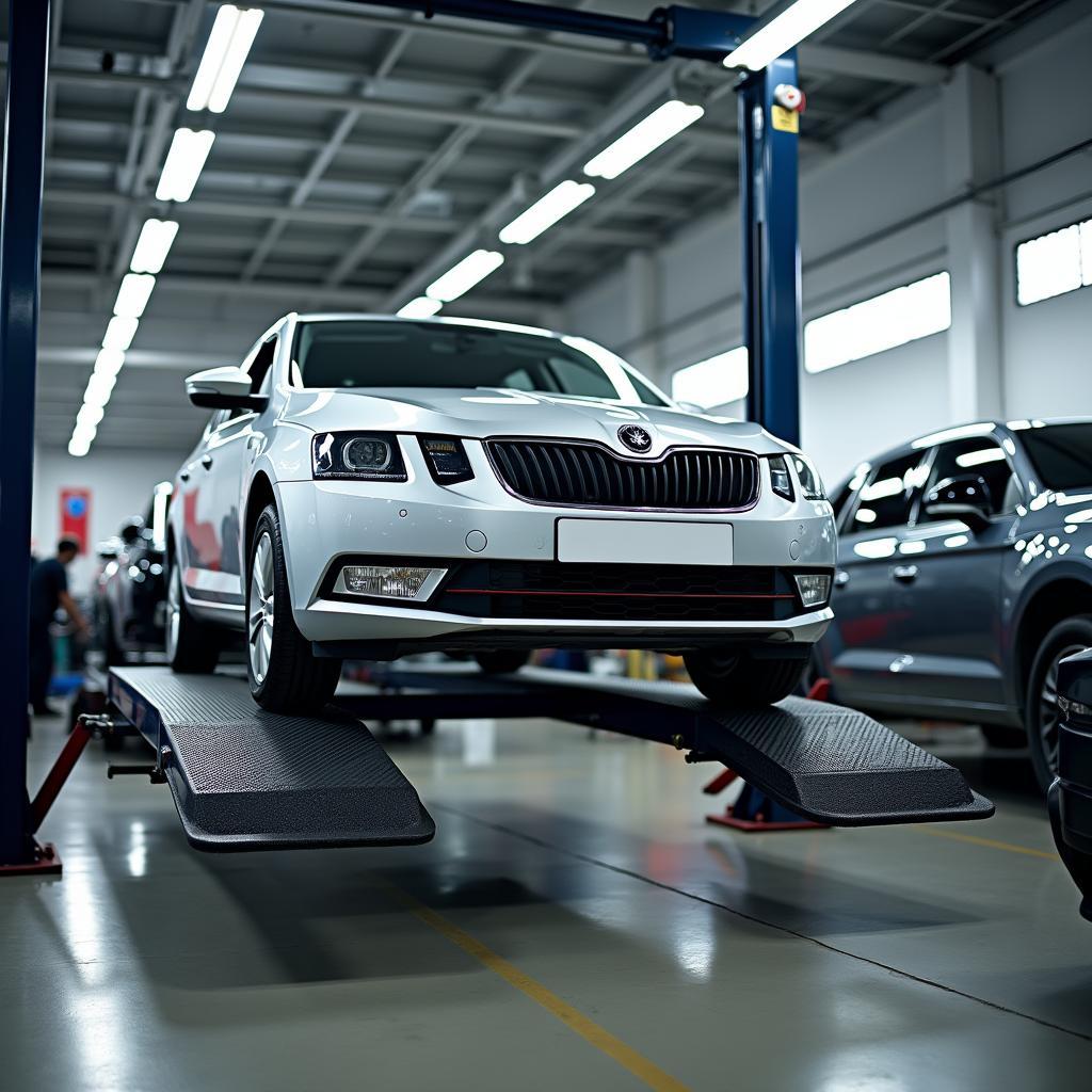 Skoda car being serviced in a modern facility in Bagalur Cross