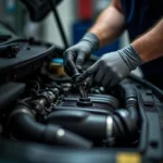 Mechanic inspecting Skoda Fabia engine