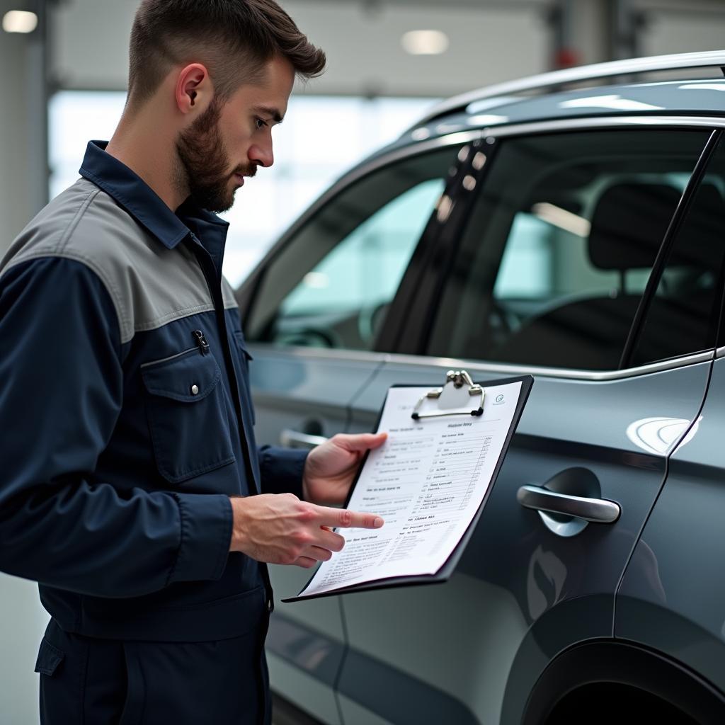 Mechanic reviewing a Skoda car maintenance checklist in Bagalur Cross