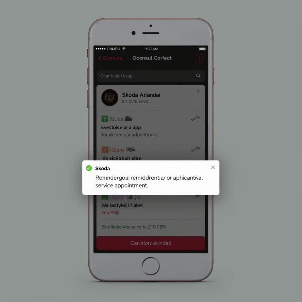 Smartphone displaying Skoda mobile app with service reminder