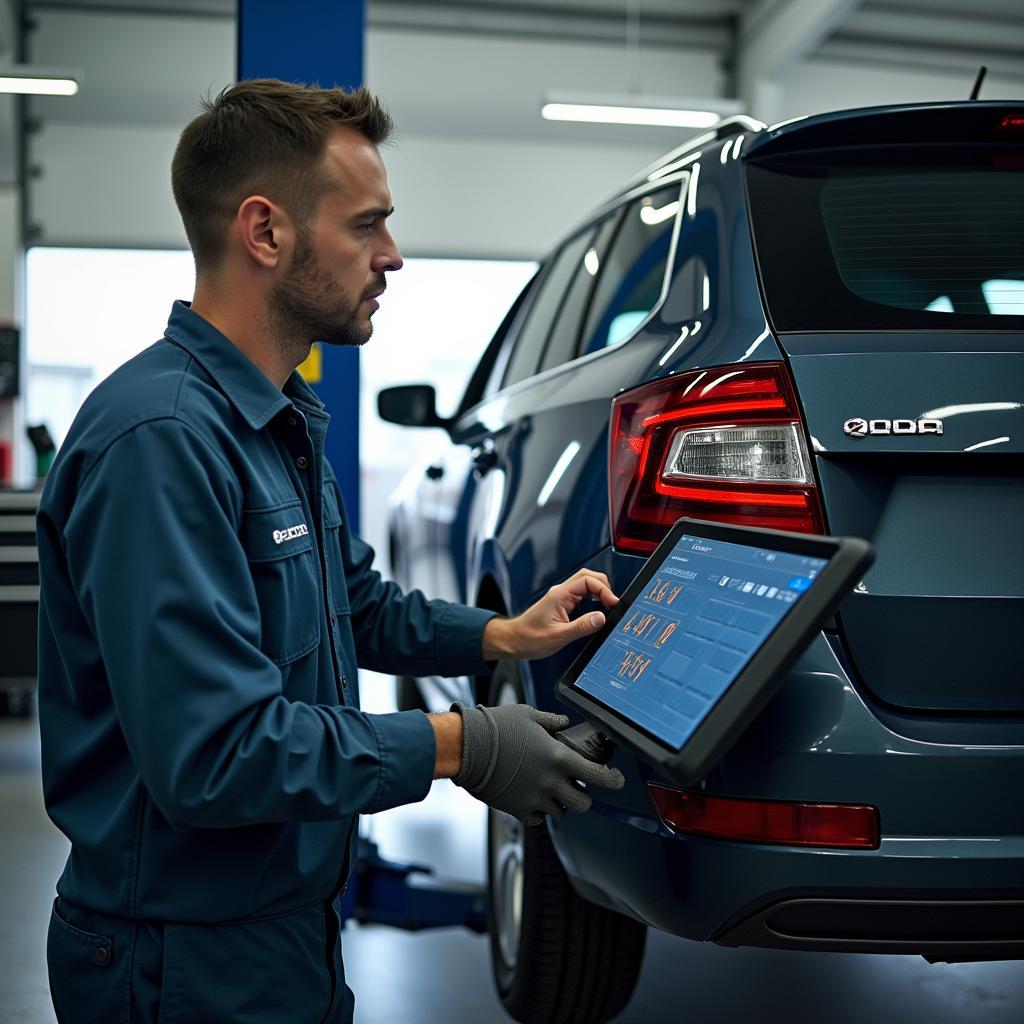 Skoda Rapid undergoing a diagnostic check