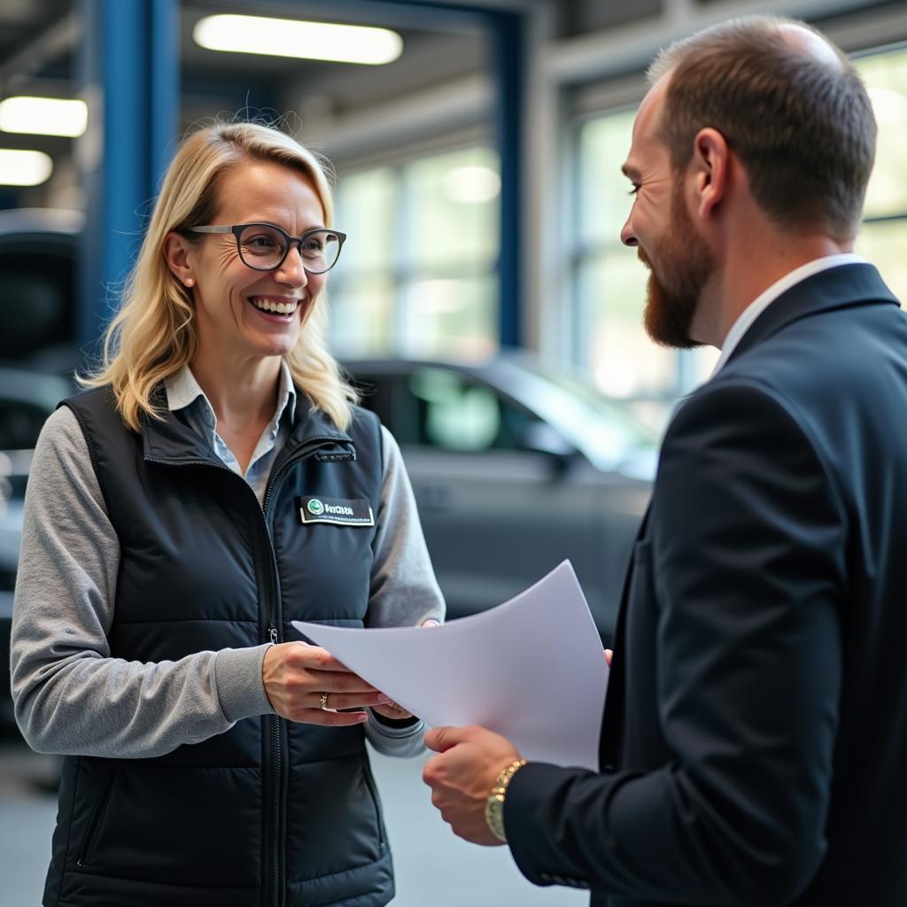 A Skoda service advisor explaining service details to a customer in the showroom.