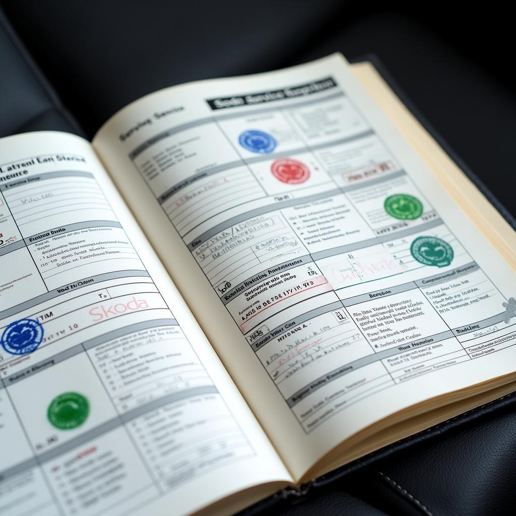 Open service history logbook with stamps and records for a Skoda car