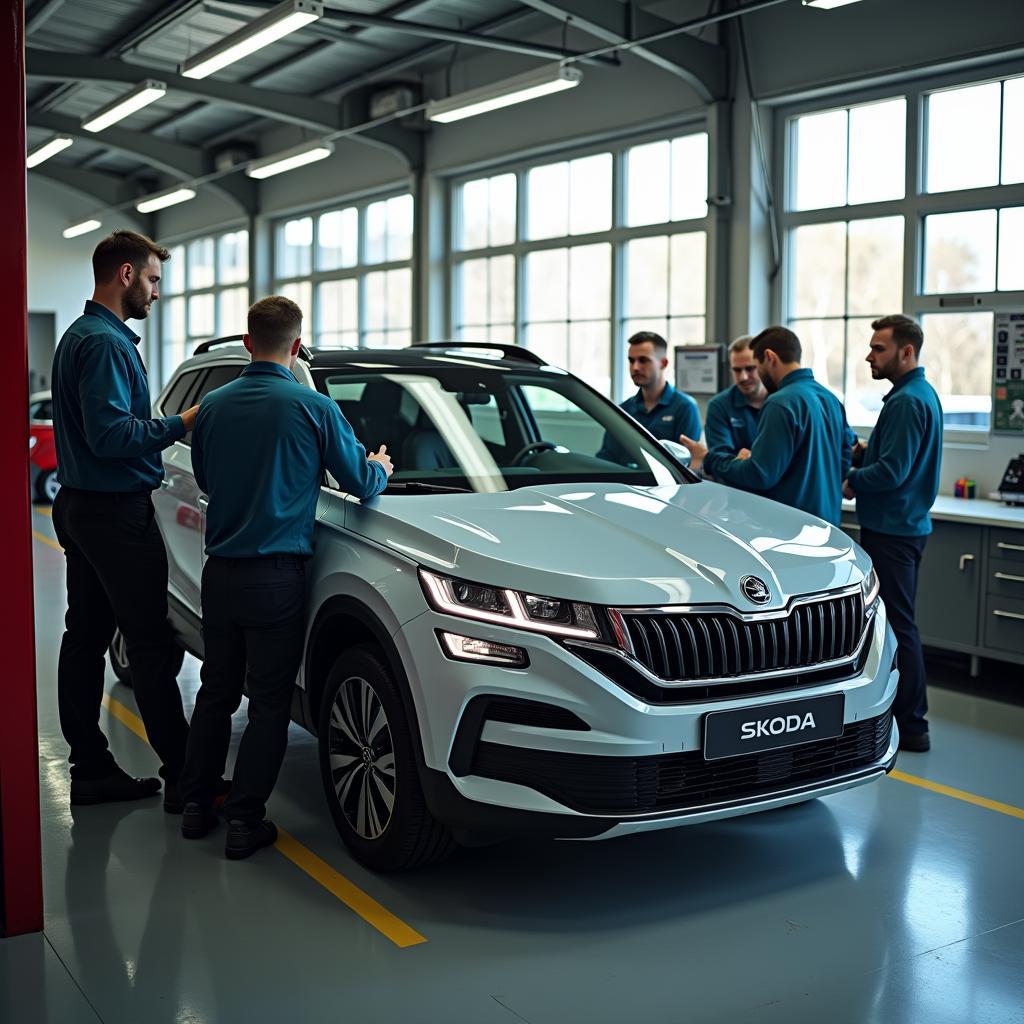 Skoda technicians working diligently on a car at a service centre