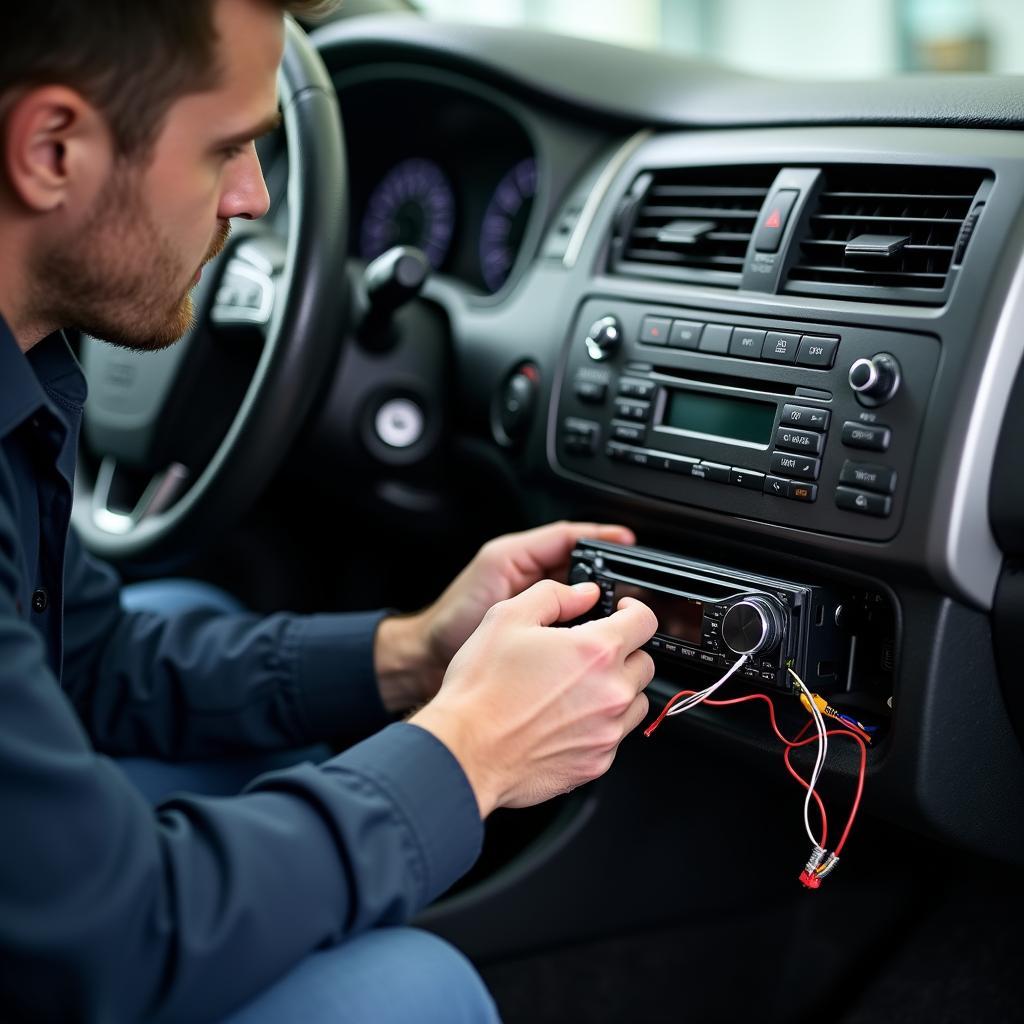 Professional installation of a Sony car audio system in progress