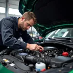 Mechanic inspecting a sports car engine bay