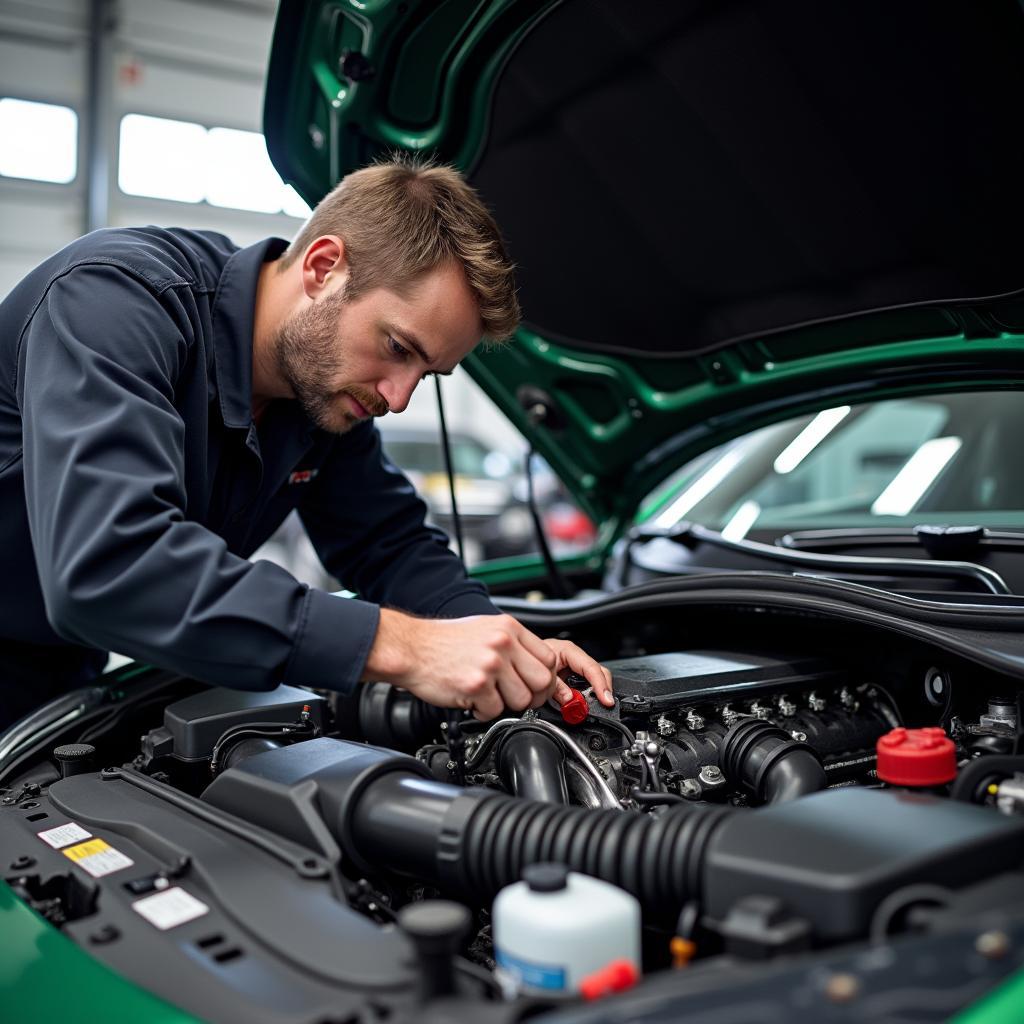 Mechanic inspecting a sports car engine bay