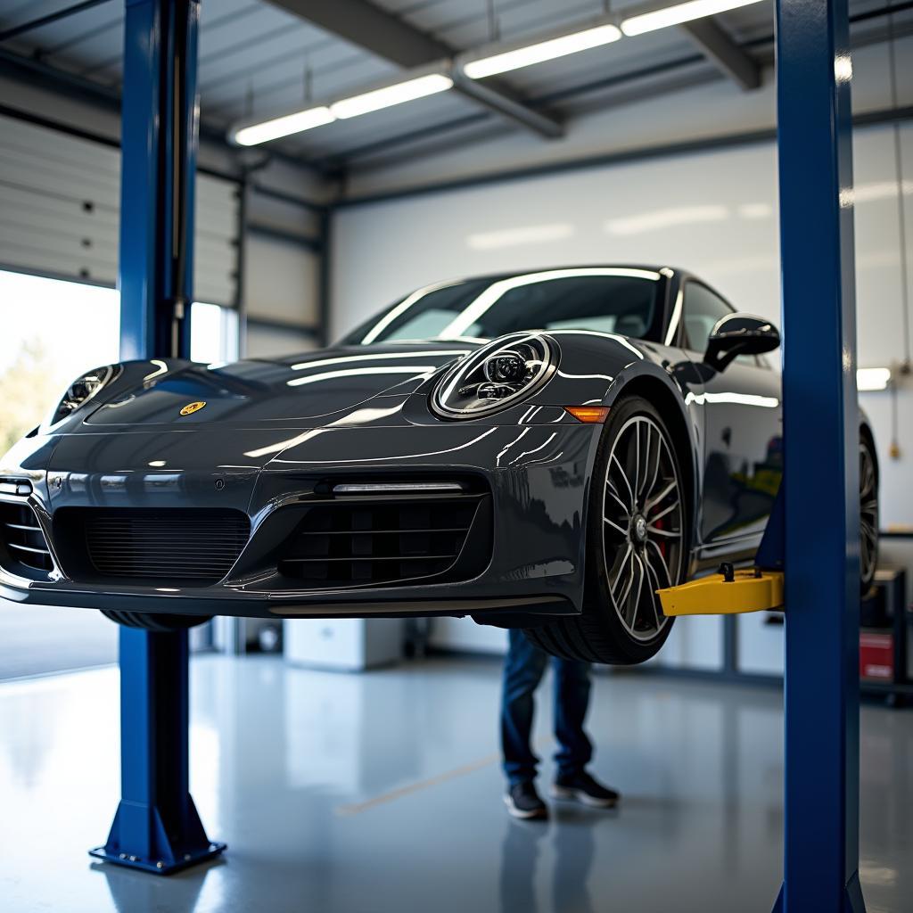 Sports car on a lift during maintenance at a service center.