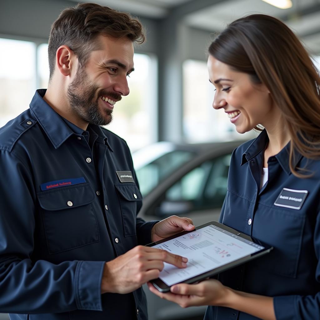 Stratford mechanic explaining car repair to customer