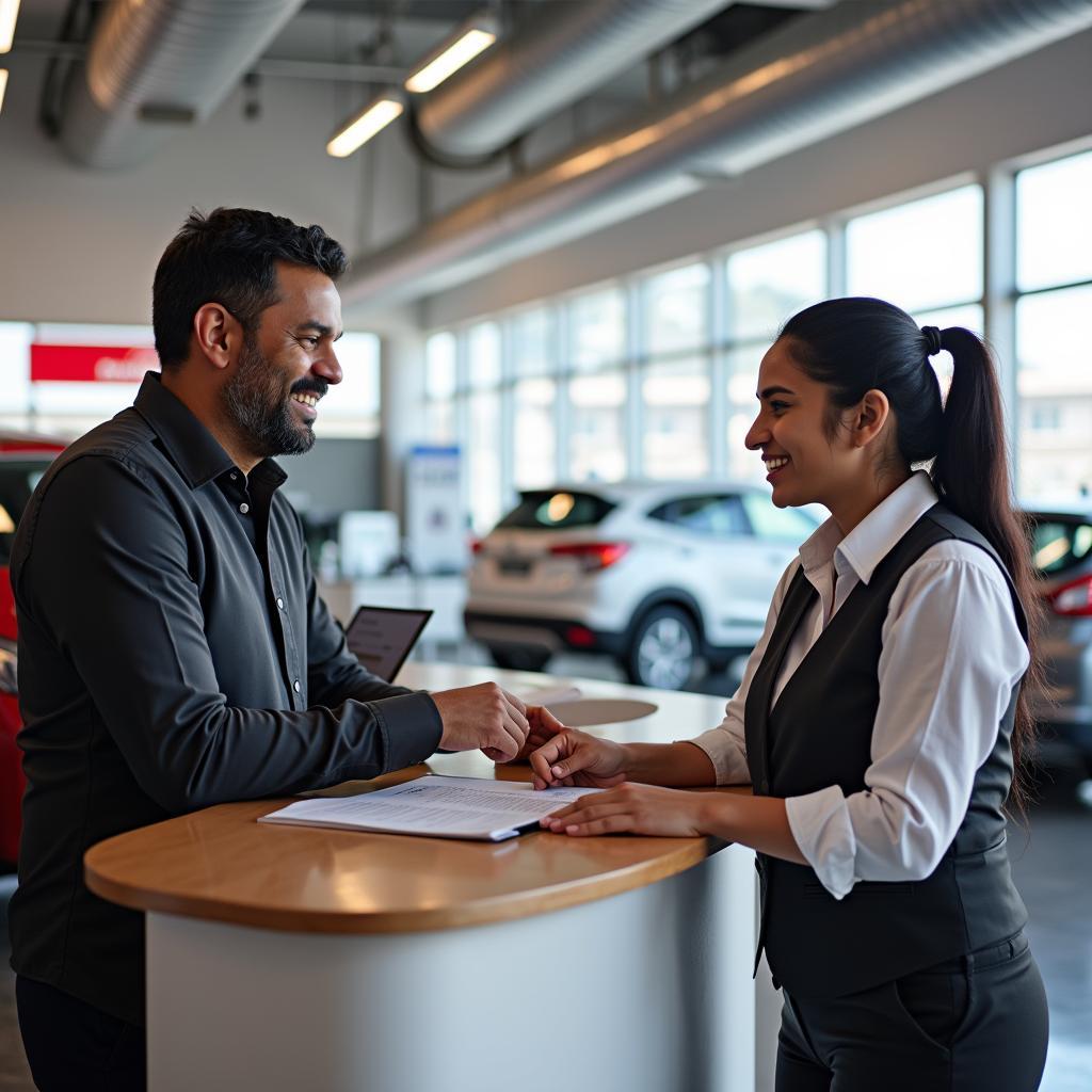 Customer Interacting with Service Advisor at Sundaram Honda Service Center in Hyderabad