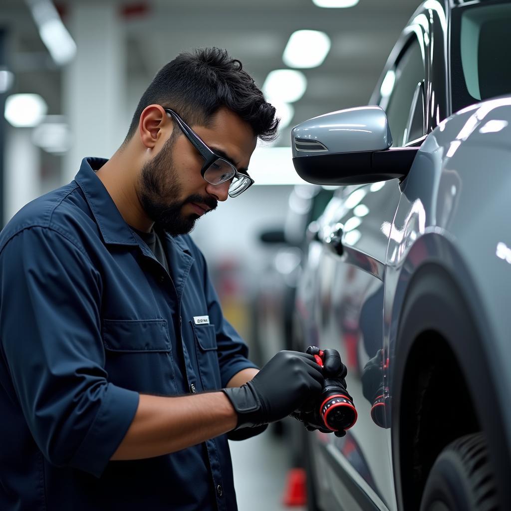 Technician Performing Service on a Honda Car at a Sundaram Honda Service Center in Hyderabad