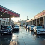 Modern car wash exterior with cars lined up on a sunny Sunday