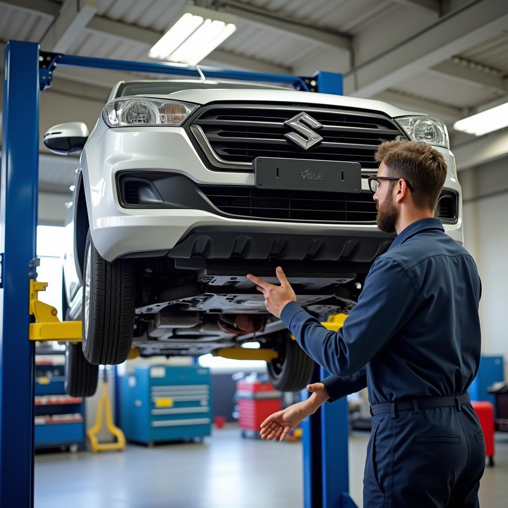 Suzuki car undergoing routine maintenance at a service center