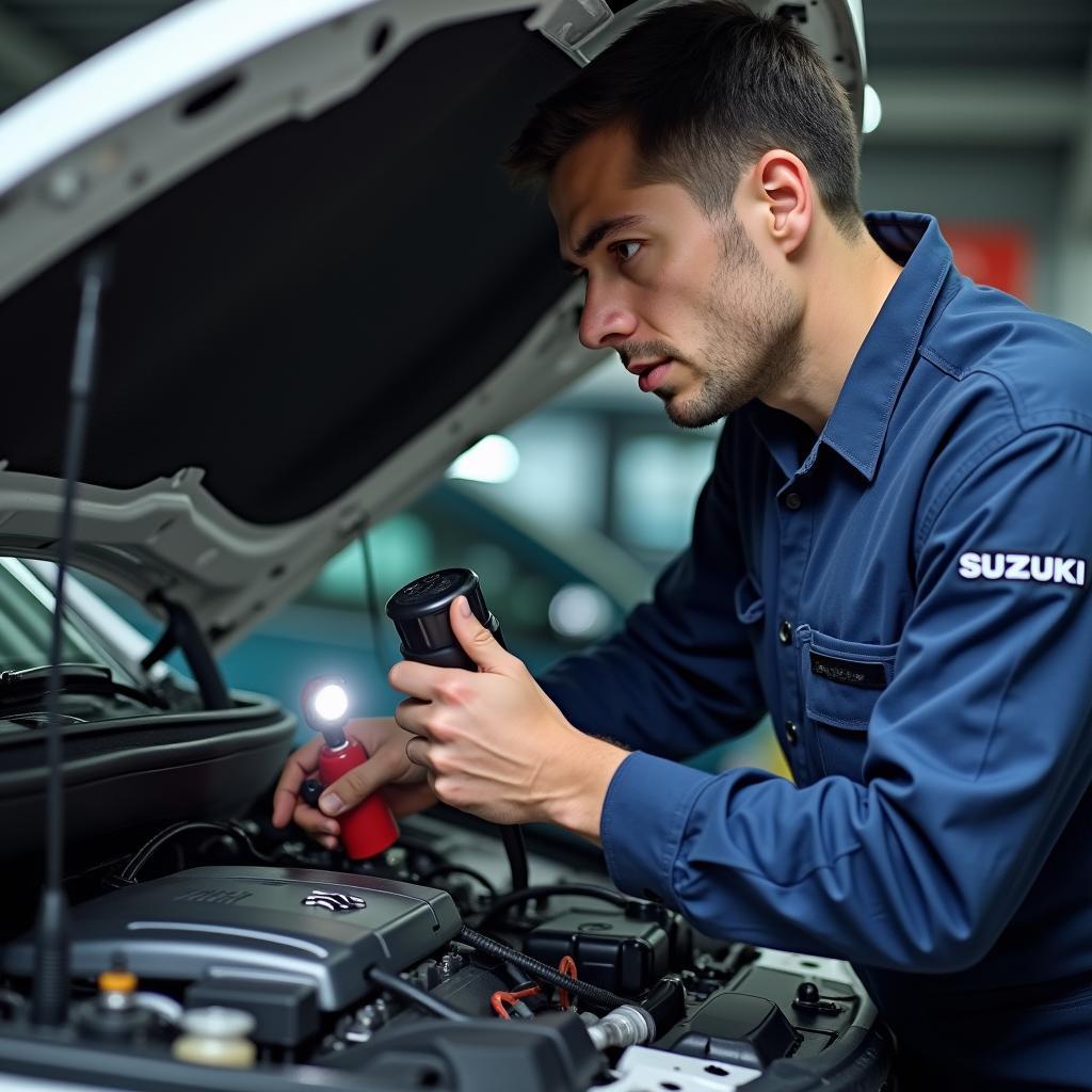 Suzuki Mechanic Inspecting Engine