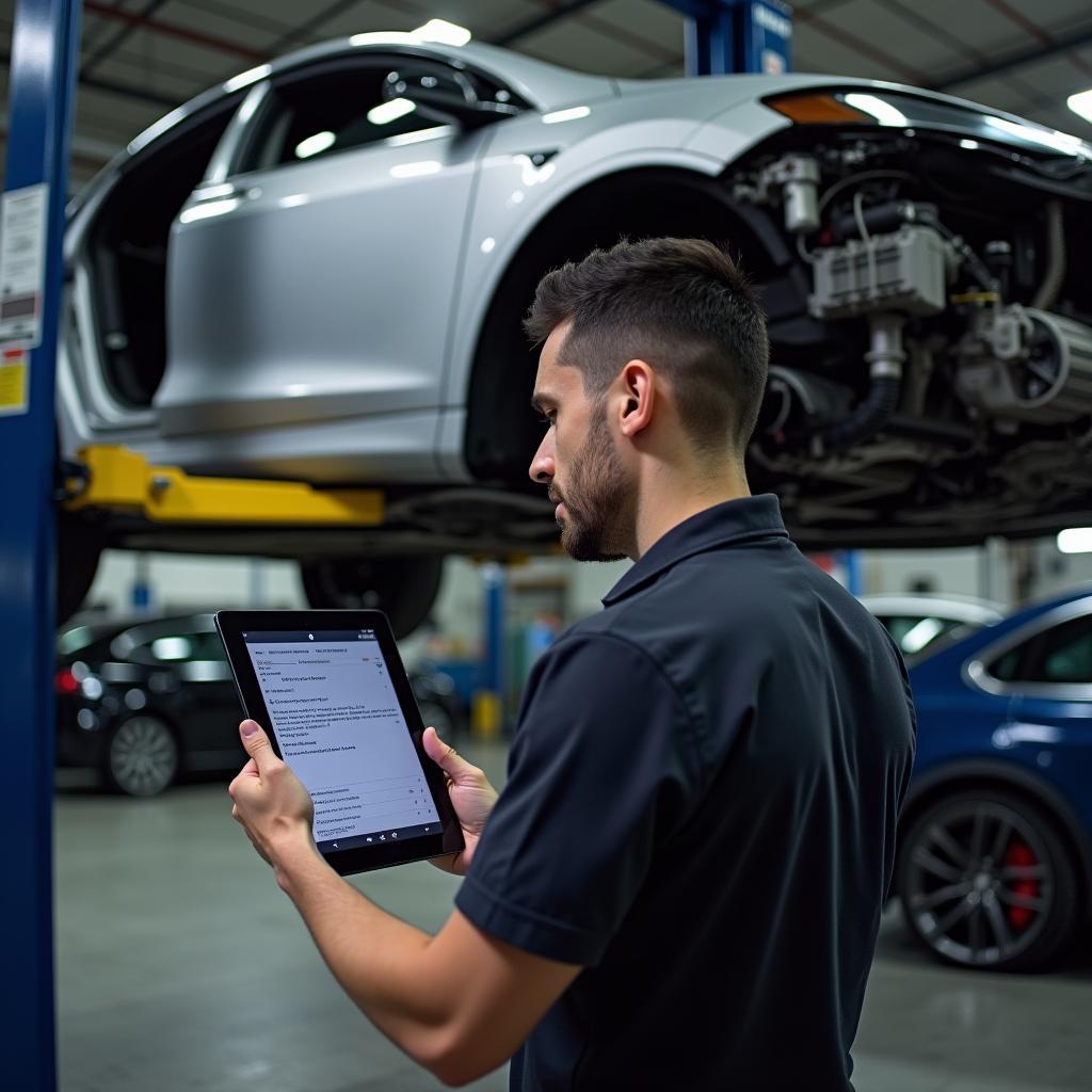 Tesla Technician Diagnosing Vehicle