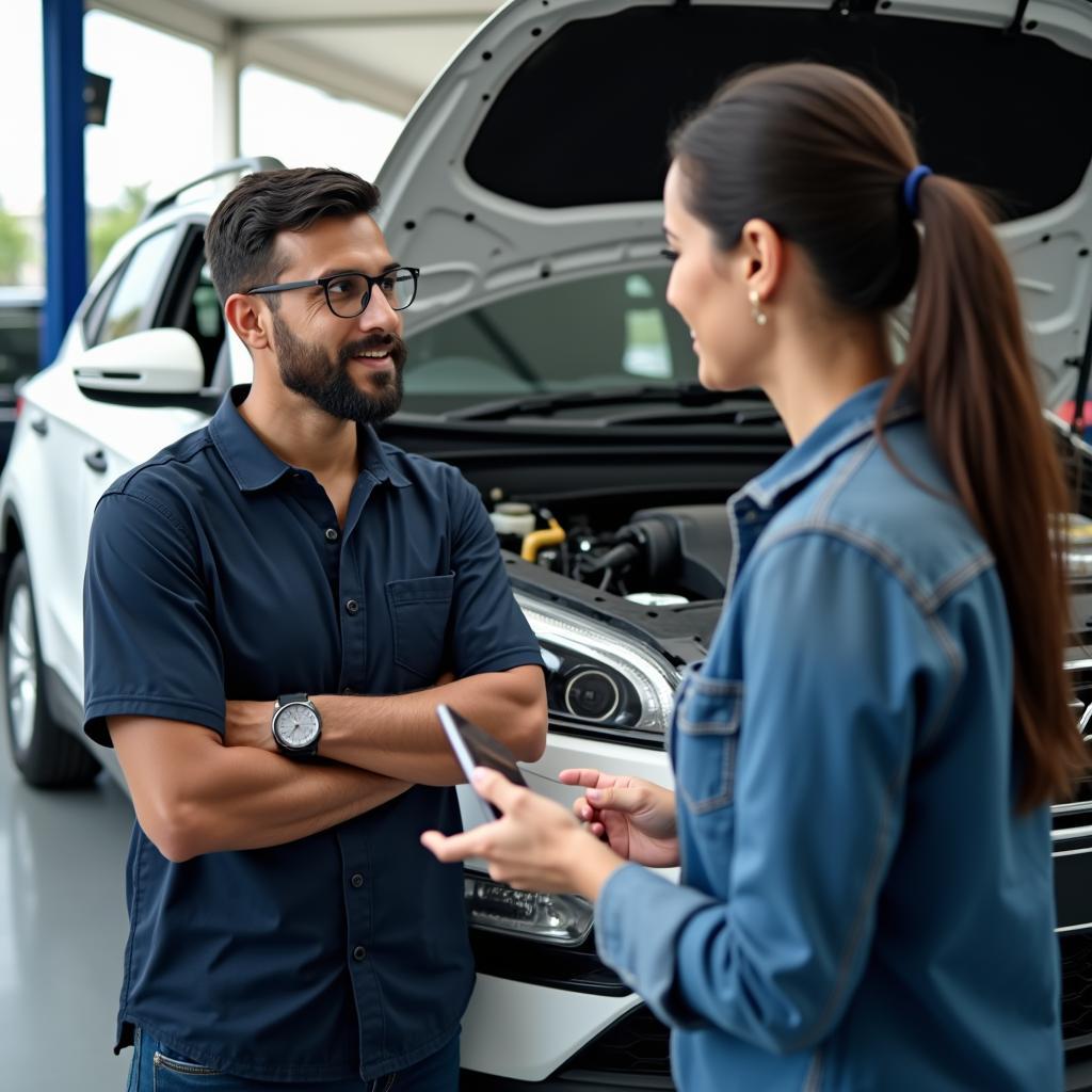 Customer discussing car repair with service advisor in Thiruvalla