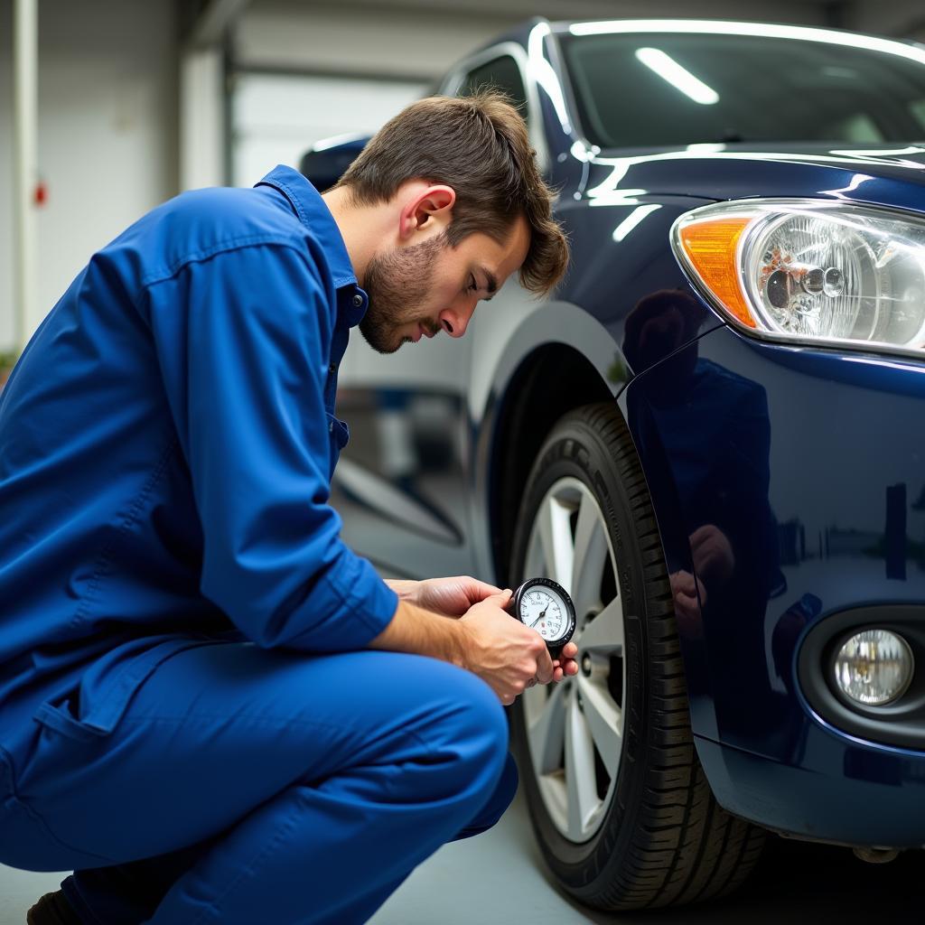 Car mechanic checking tire pressure with gauge