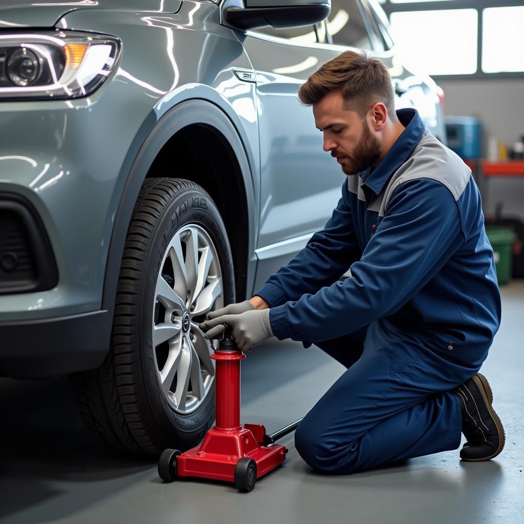 Tire rotation service at a car service station