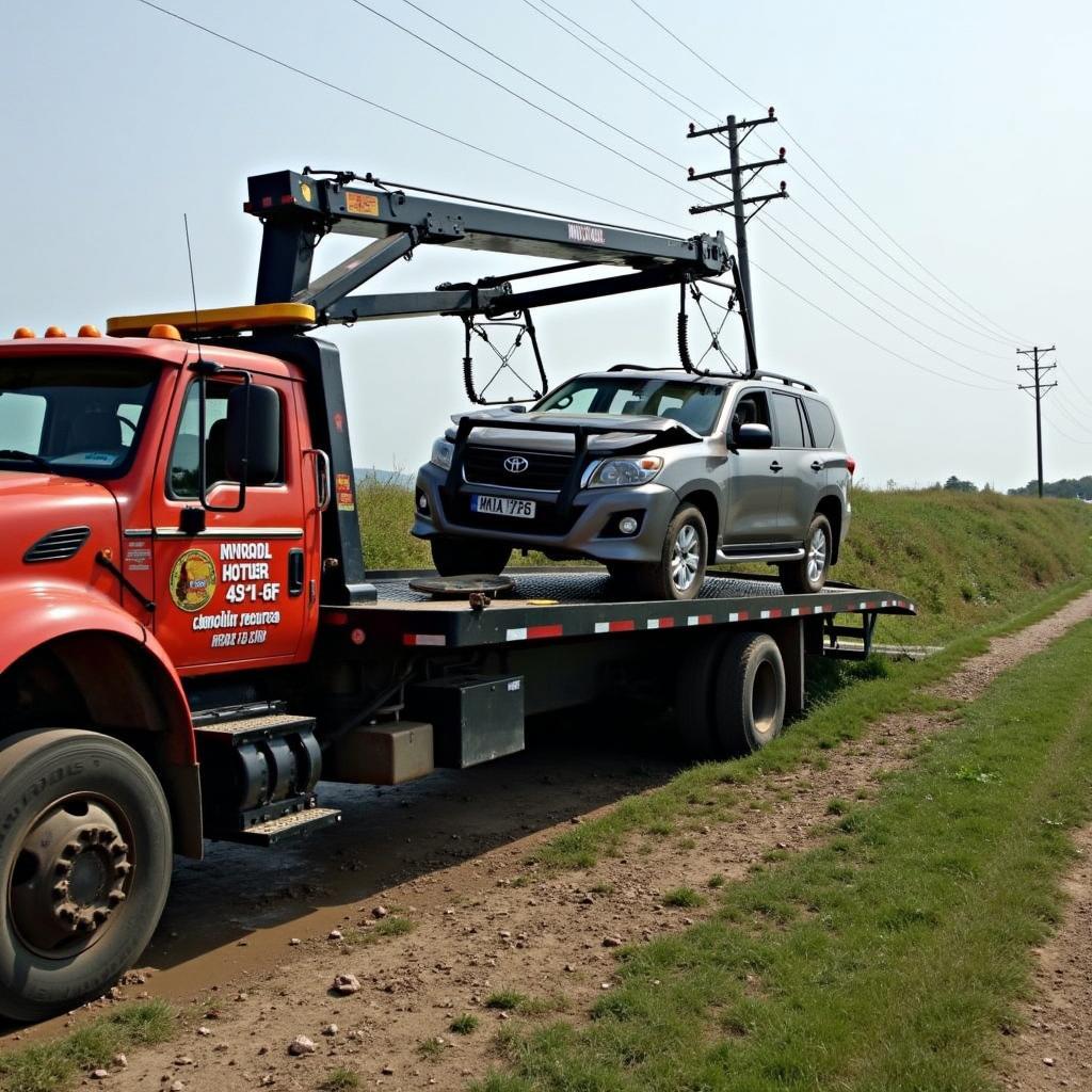 Tow truck lifting a damaged car in Mysore after an accident