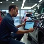 Mechanic using diagnostic equipment on a Toyota car in Noida