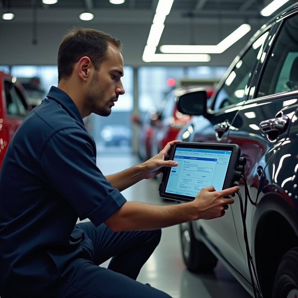 Mechanic using diagnostic equipment on a Toyota car in Noida