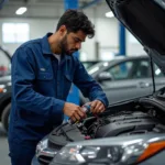 A Toyota technician inspecting a car engine in Bengaluru