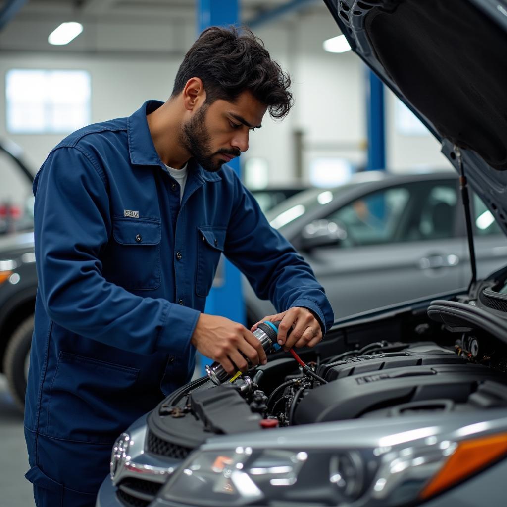 A Toyota technician inspecting a car engine in Bengaluru