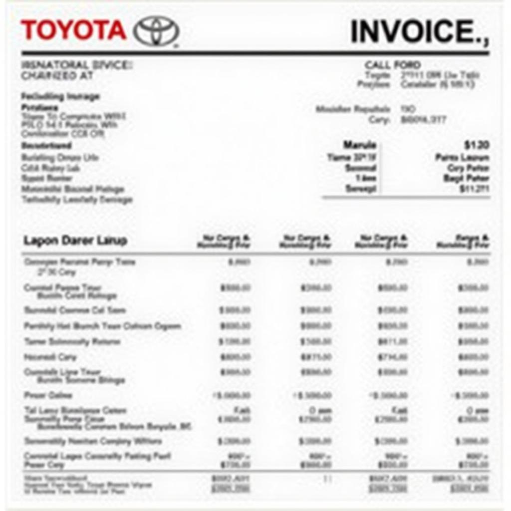 Invoice for Toyota Car Service