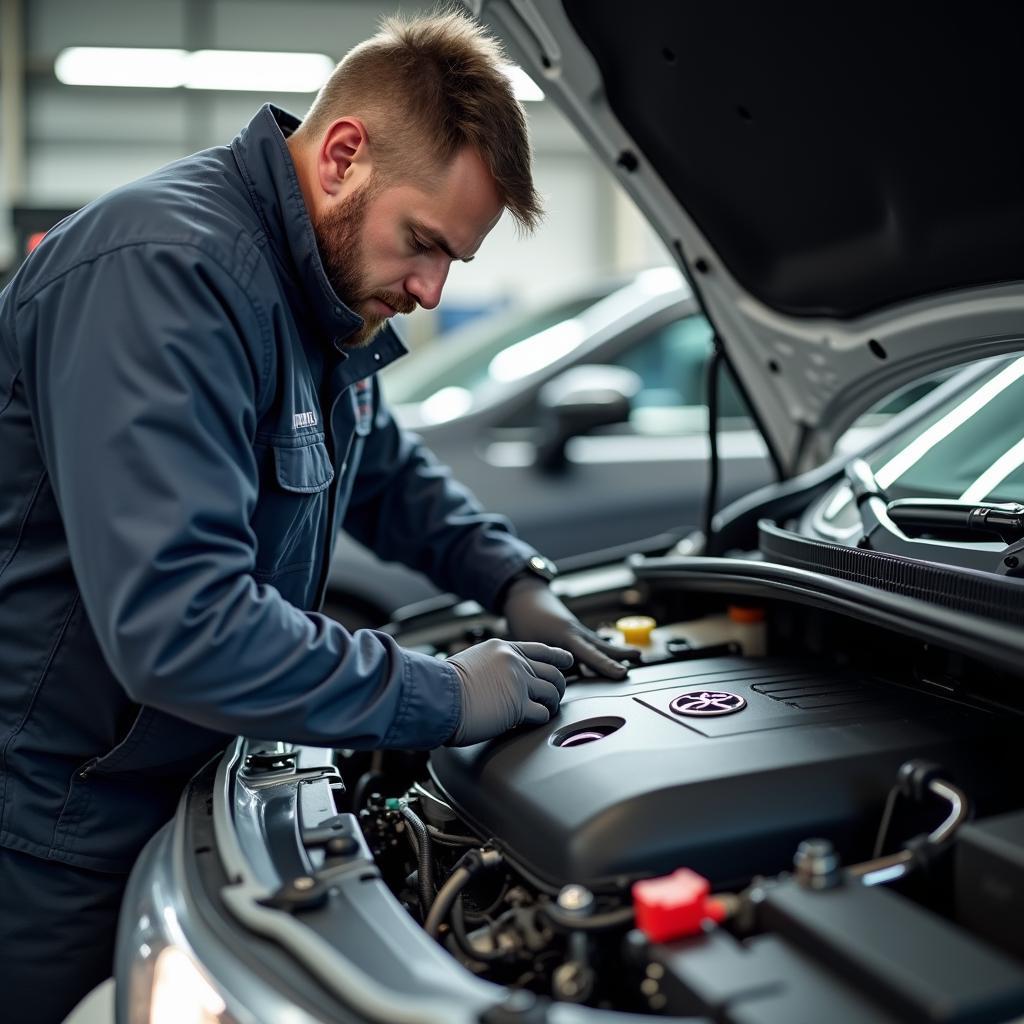 Toyota Mechanic Inspecting Engine