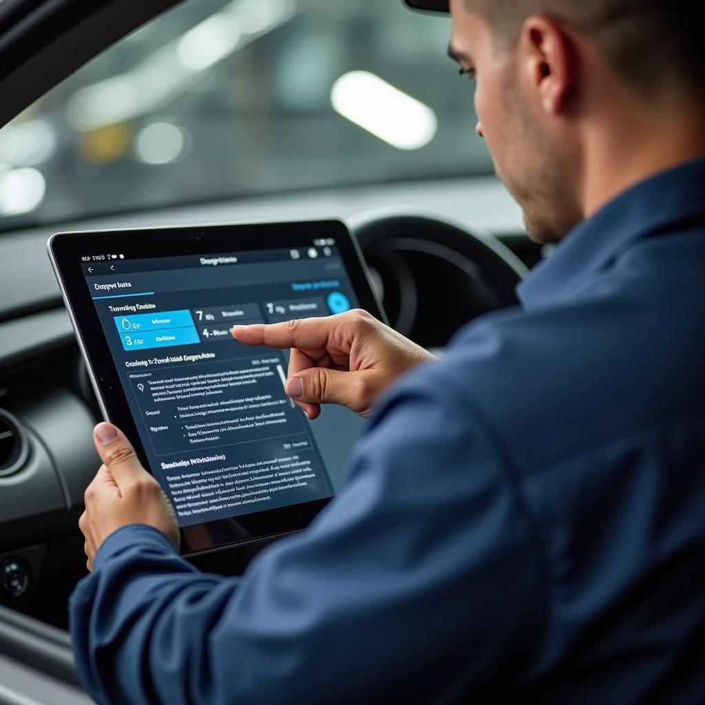 Toyota mechanic explaining a diagnostic report to a customer