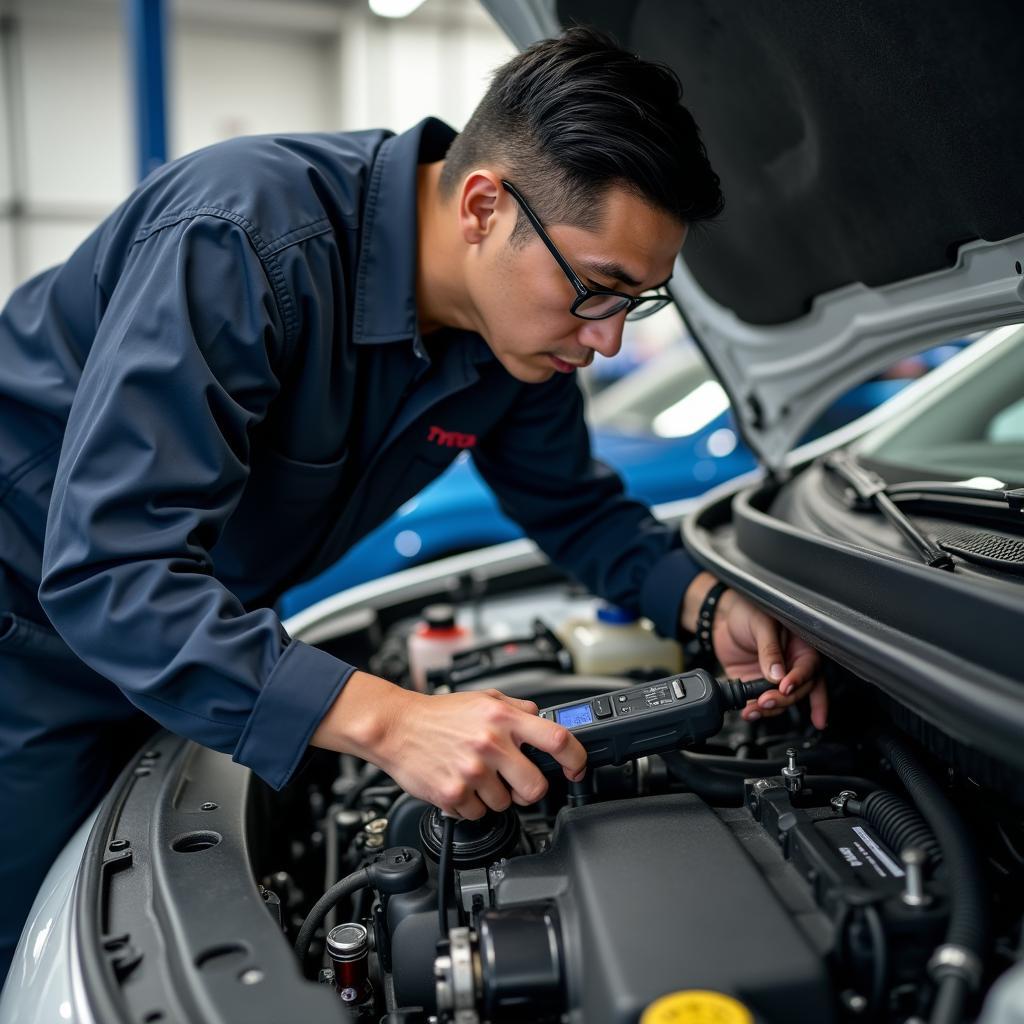 Toyota Mechanic Inspecting Engine