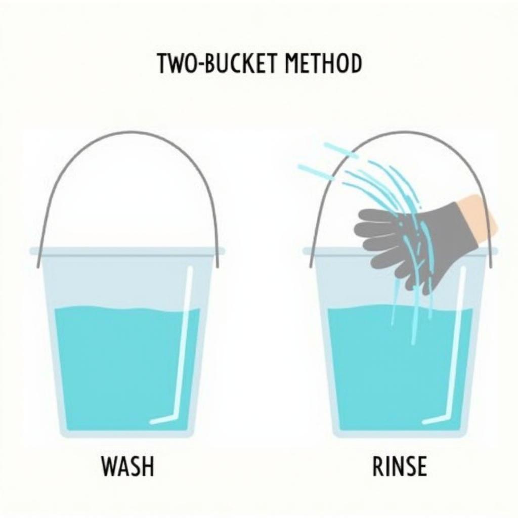 Two-bucket car wash method demonstration with clear labeling of each bucket.