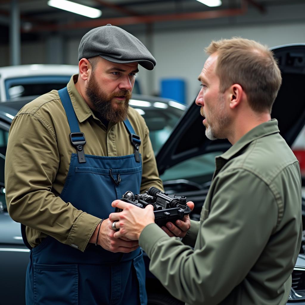 Mechanic showing a car part to a surprised car owner