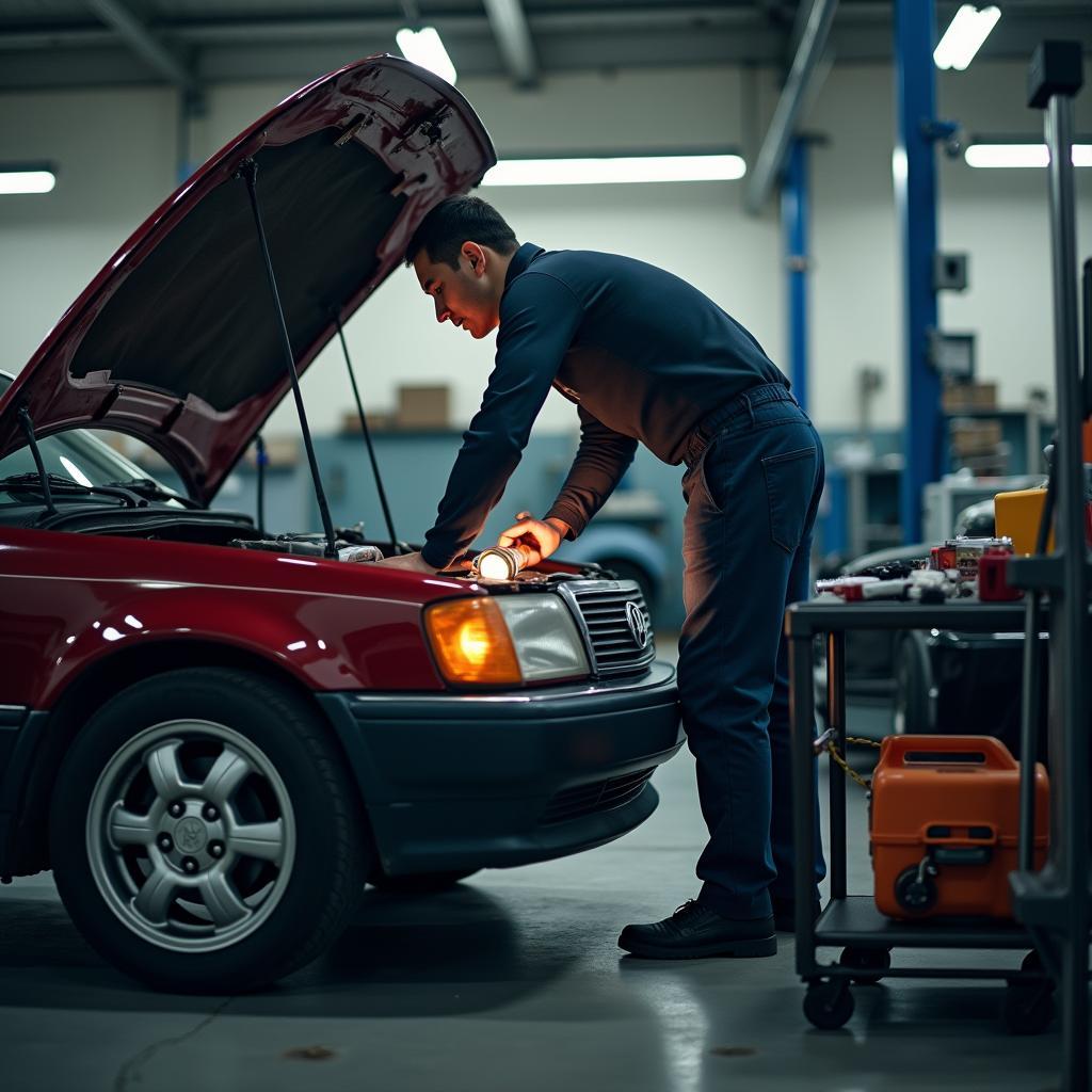 Used car inspection in progress at a Los Angeles garage