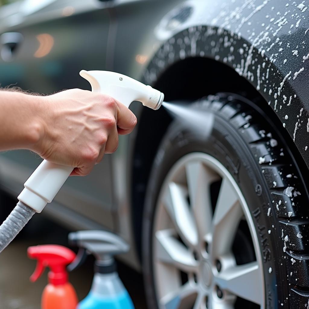 A person using the correct cleaning products at a self-service car wash to avoid damaging their car's paint.