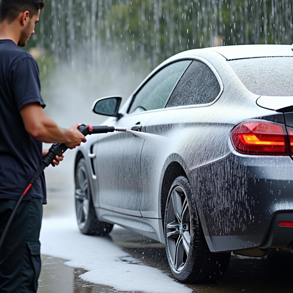 Using a pressure washer at a self-service car wash