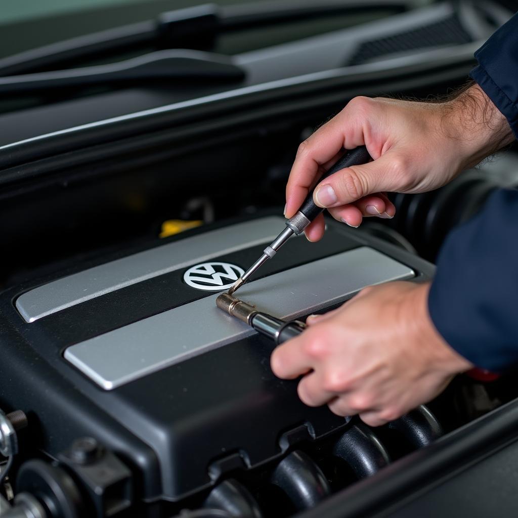 A Volkswagen specialist mechanic inspecting a car engine in South Melbourne