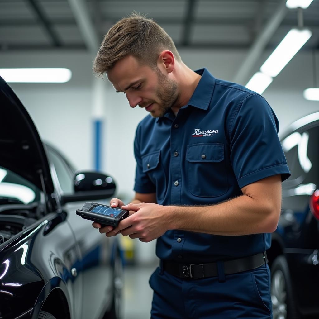 Mechanic inspecting a car in a West Melbourne service center