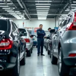 Modern car service center interior with mechanics working on vehicles