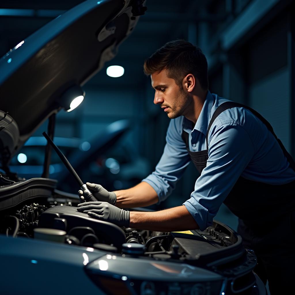 Mechanic Checking Engine at Night for 24/7 Car Service