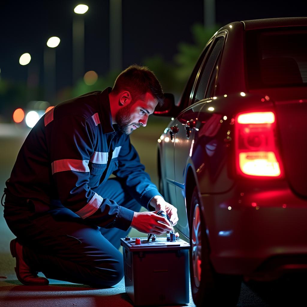 24-hour Car Battery Delivery Service Technician Installing a New Battery at Night