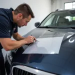 Technician applying 3M paint protection film to a car