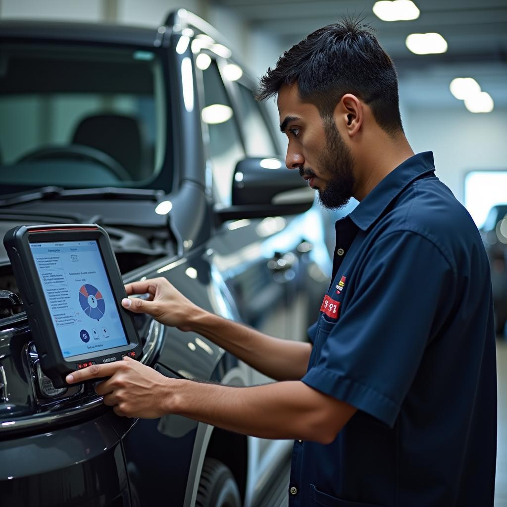 Technician Performing Diagnostic Check at Abharan Motors Athradi